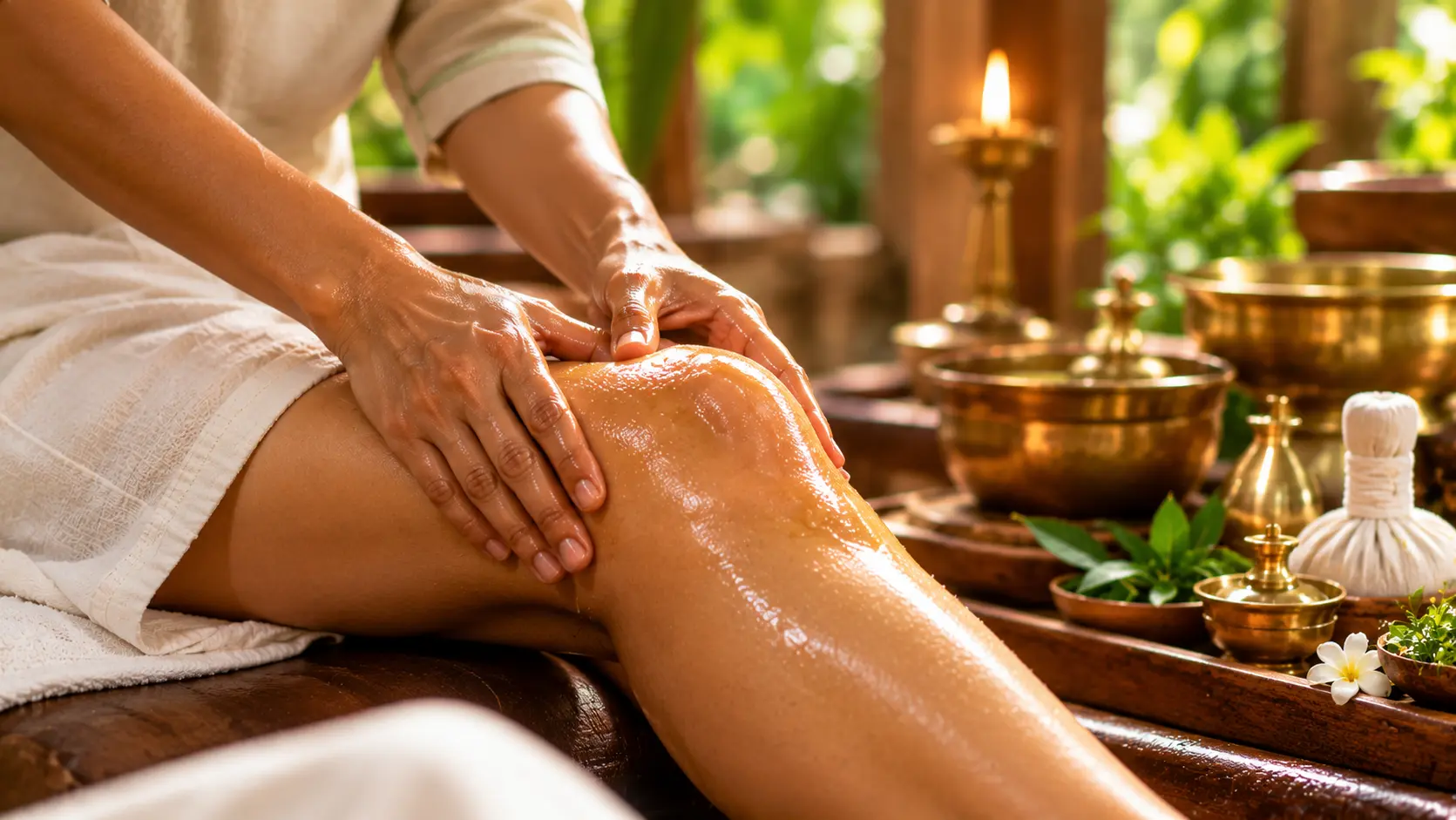 Ayurvedic oil massage focused on knee and joint care