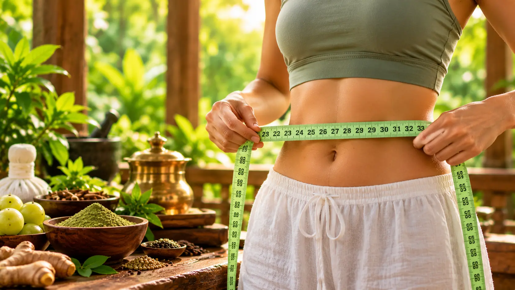 Waist measurement alongside Ayurvedic herbs and natural ingredients
