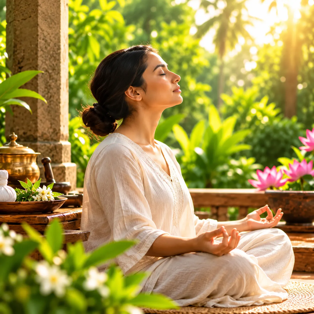 Woman relaxing in a peaceful tropical wellness garden