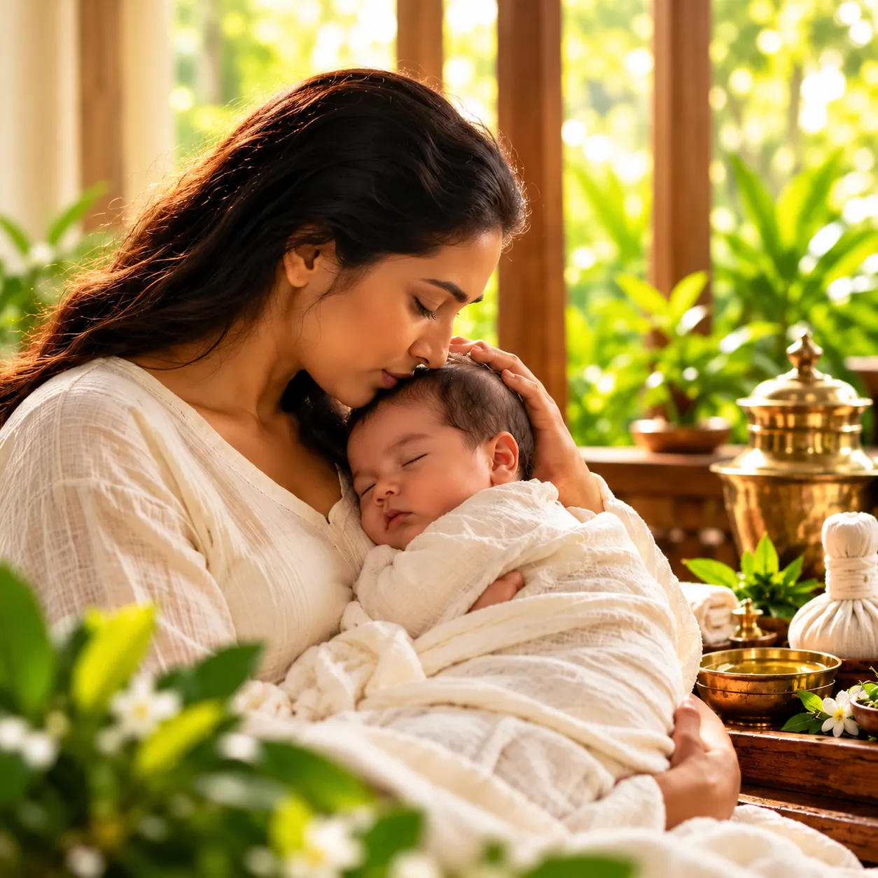 Mother holding her newborn in a peaceful setting