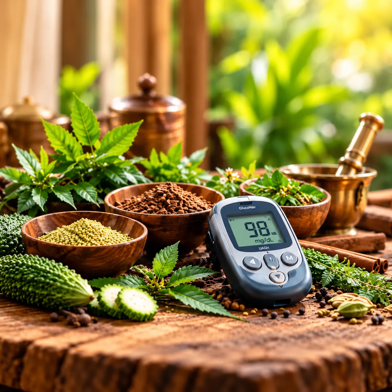 Ayurvedic herbs and a blood glucose monitoring device