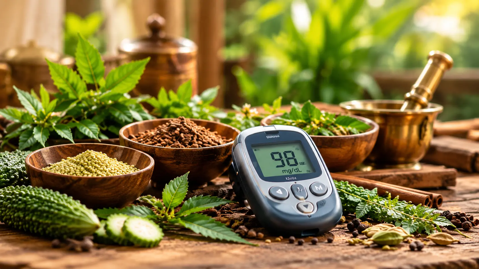 Ayurvedic herbs and a blood glucose monitoring device