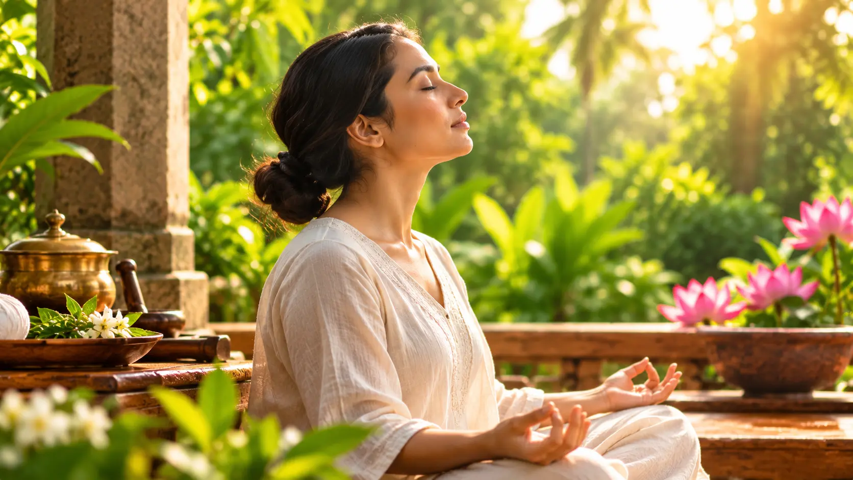 Woman relaxing in a peaceful tropical wellness garden