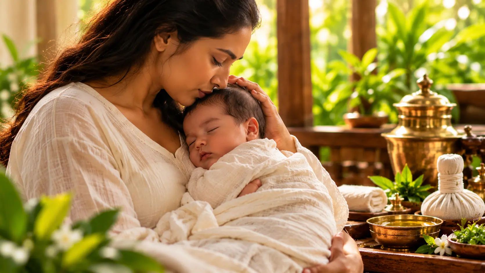 Mother holding her newborn in a peaceful setting